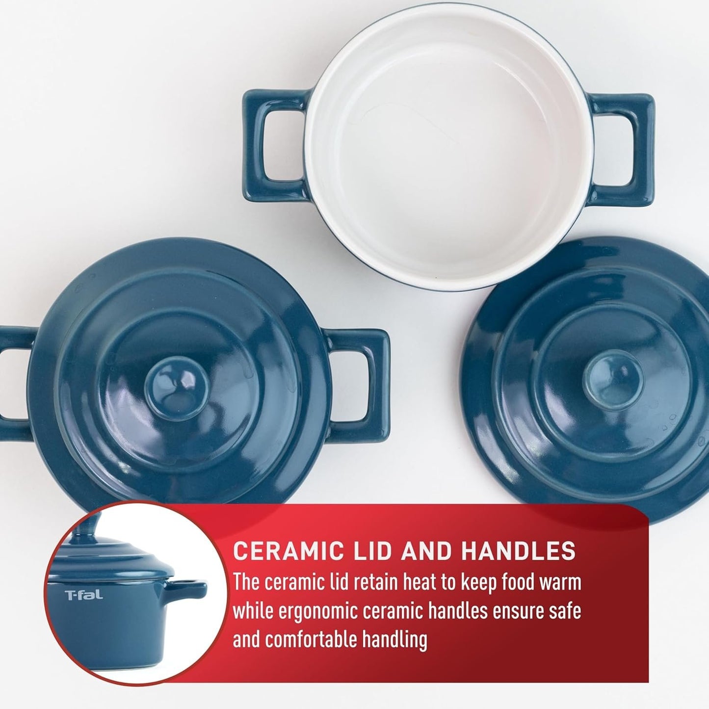 T-Fal Ceramic 2 Pc Mini-Cocotte set with lids, uniform heat-distribution, oven, microwave, freezer and dishwasher safe, blue