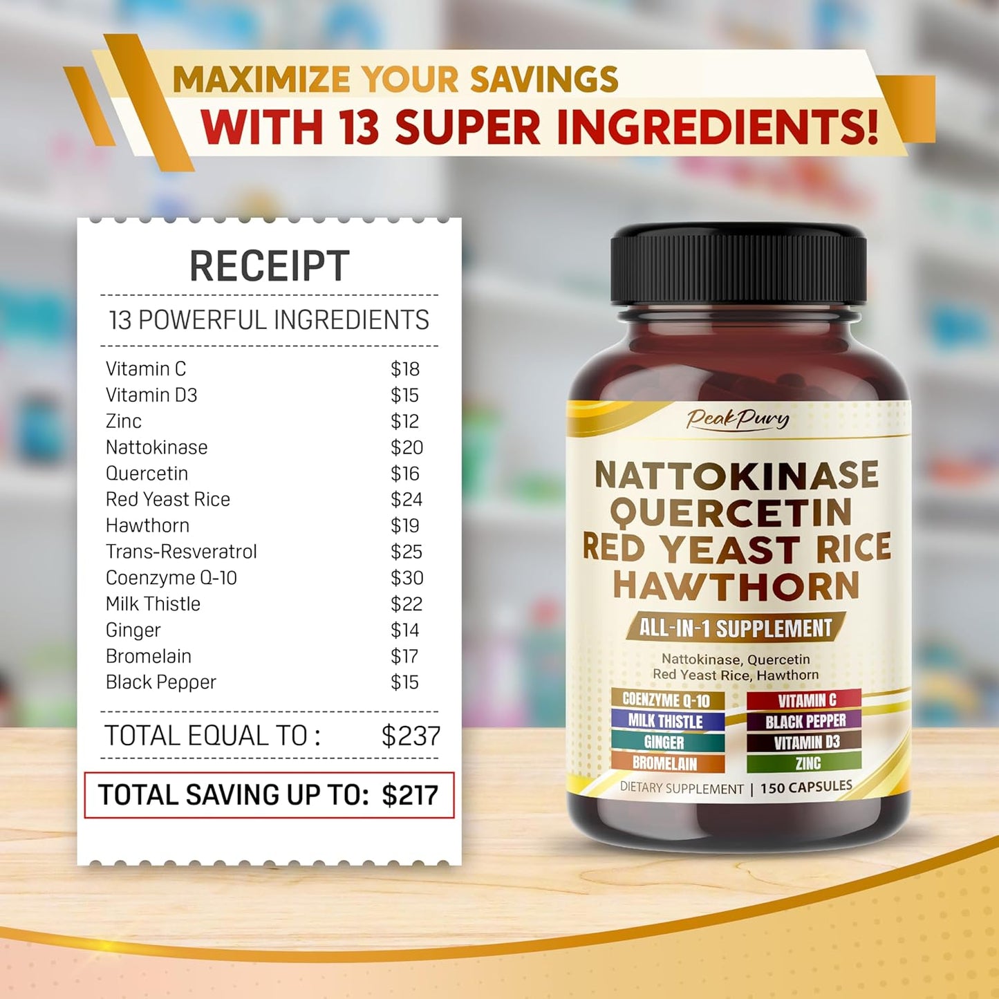 Nattokinase 5000FU Quercetin Red Yeast Rice Hawthorn - Overall Wellness Support - Made in USA
