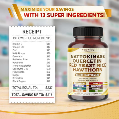 Nattokinase 5000FU Quercetin Red Yeast Rice Hawthorn - Overall Wellness Support - Made in USA