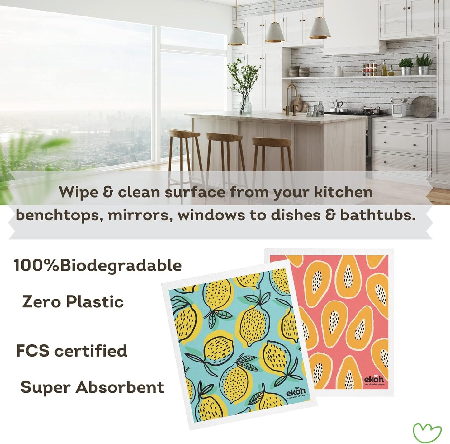 EKOH Swedish Dishcloths for Cleaning Kitchen & Home - Pack of 2 Prints - Eco Sponge Cloths Zero Waste Dish Towels - Plastic Free Reusable Wipes- Gift Set of 2 Cleaning Cloths (Orange Blue Lemons, Papaya Lemon Fruit)