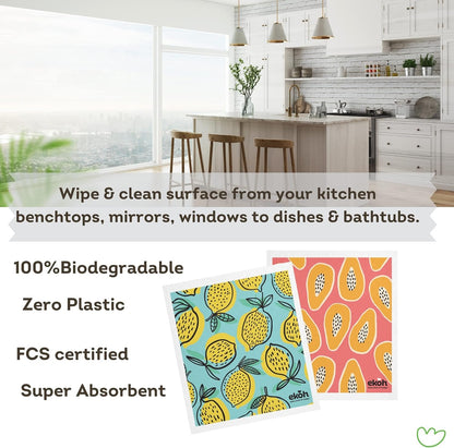 EKOH Swedish Dishcloths for Cleaning Kitchen & Home - Pack of 2 Prints - Eco Sponge Cloths Zero Waste Dish Towels - Plastic Free Reusable Wipes- Gift Set of 2 Cleaning Cloths (Orange Blue Lemons, Papaya Lemon Fruit)