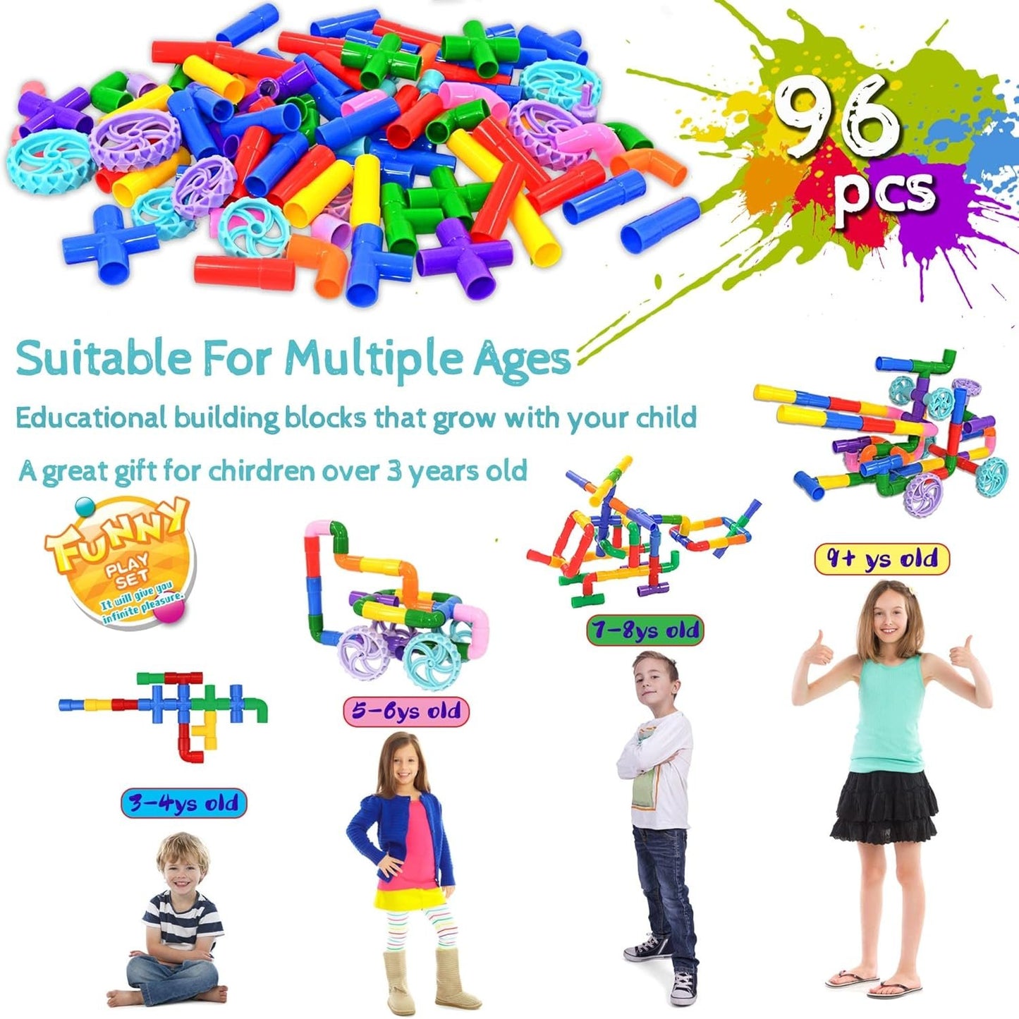 STEM Learning Pipe Tube Toys, Tube Locks Construction Building Blocks 96 Pcs - Multicolor Educational Building Blocks Set with Wheels& Spouts & Joints for Kids Ages 3+ Visit The FUBAODA Store