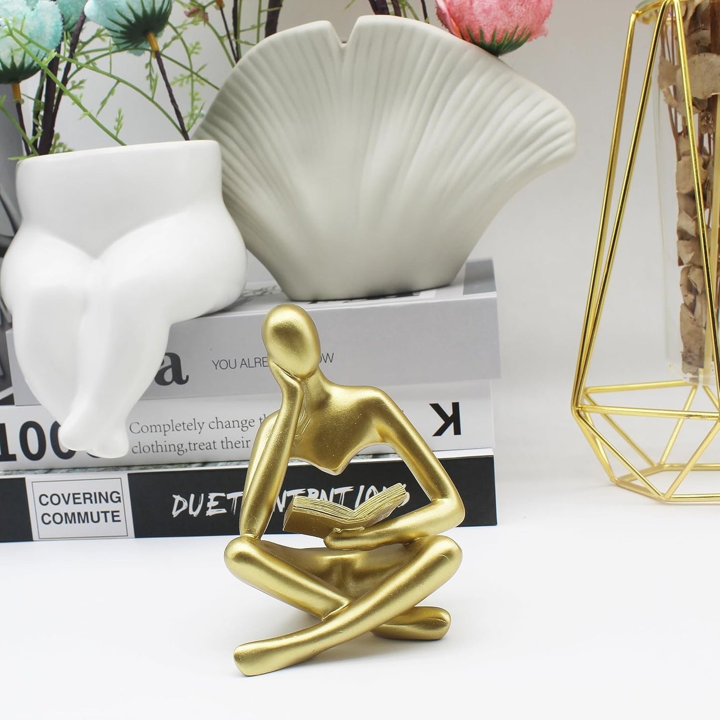 SIETIOJI Home Decor Gold Reading Thinker Statue Modern Figurines Abstract Aesthetic Sculpture Thinker Resin Statue Set for Home Decoration Living Room Office Bookshelf Shelf Table