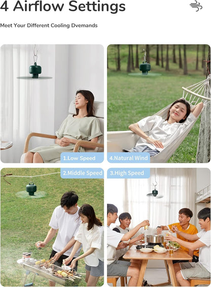 JISULIFE Camping Fan 8000mAh Rechargeable, Portable with Remote Control, Battery Operated with Detachable Fan Blades, Hanging Hook, Timer, 4 Speeds for Outdoor Dorm-Green