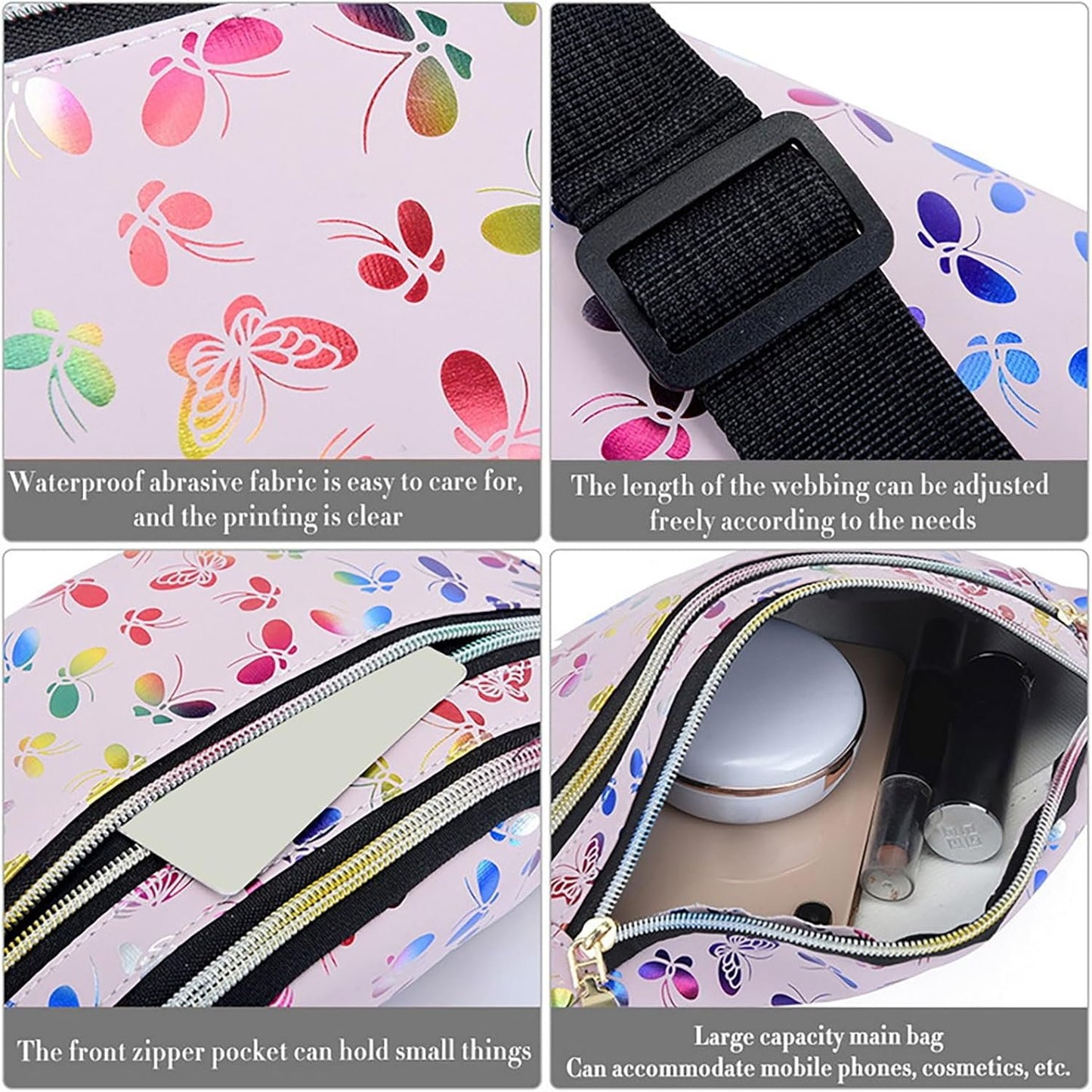 HNKJDS Butterfly Pattern Fanny Pack Shiny Waterproof Waist Packs for Women Men Fashion Holographic Belt Bag with Adjustable Belt for Rave Festival Hiking Travel Outdoor, Pink, One Size, Shiny Waist