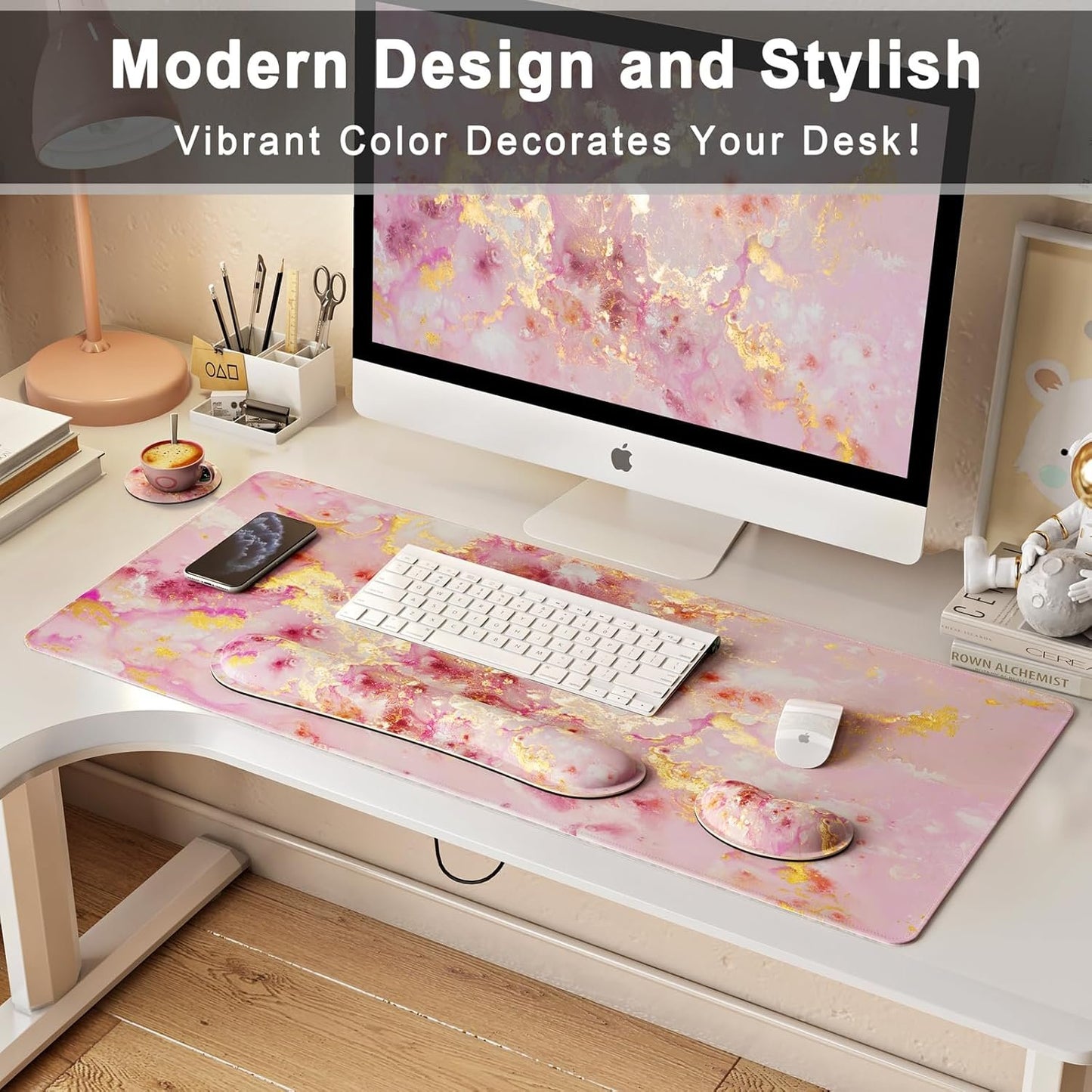 4 in 1 Extended Mouse Pad Set, Keyboard Wrist Rest Support Mouse Wrist Cushion Cute Coaster, Memory Foam Ergonomic Easy Typing, Large Desk Pad Set for Home Office Game(Pink Gold Marble)