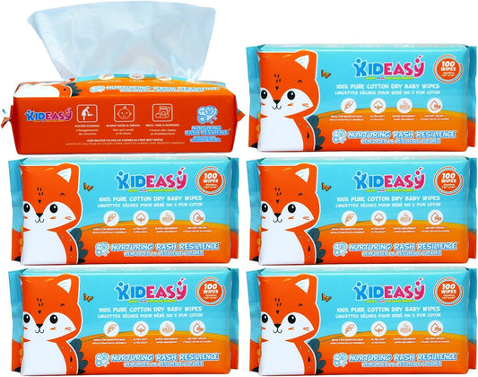 KidEasy Dry Wipes | Ultra-Soft 100% Cotton Baby Wipes | Chemical-Free & Unscented | Wet or Dry Use | Gentle on Sensitive Skin | Strong & Highly Absorbent (6 Pack - 600 Count)