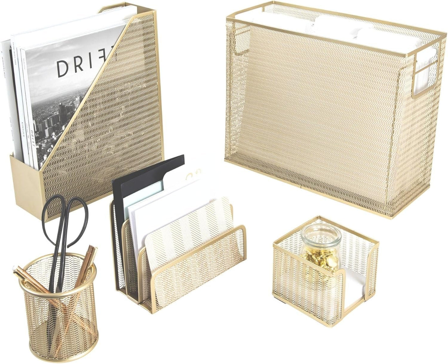 Blu Monaco 5 Piece Office Supplies Gold Desk Organizer Set - Desktop Hanging File Organizer - Desk Organizers and Storage - Desk accessories & Workspace organizers