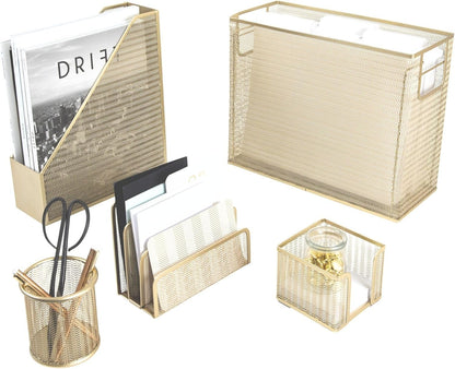 Blu Monaco 5 Piece Office Supplies Gold Desk Organizer Set - Desktop Hanging File Organizer - Desk Organizers and Storage - Desk accessories & Workspace organizers
