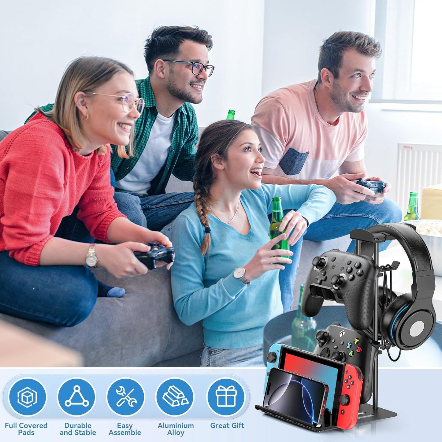 KDD Headphone Stand, Game Controller Holder & Headset Holder for Desk, Earphone Stand with Aluminum Supporting Bar, Universal Storage Organizer Headphones/Controller/Switch/iPad/Mobile Phone