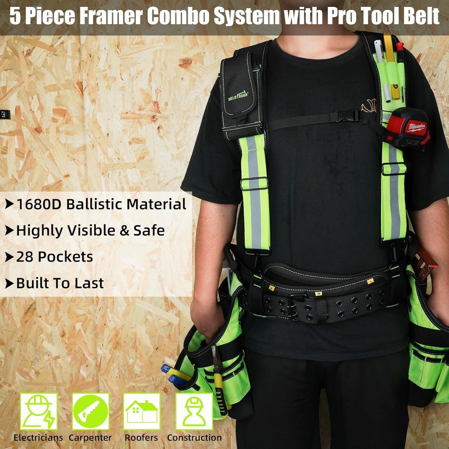 MELOTOUGH Reflective Safety Tool Belt with Suspenders Hi Vis Tool Bag Suspenders Tool Belt Construction Heavy Duty Work Suspension Rig (Hi Viz Lime)