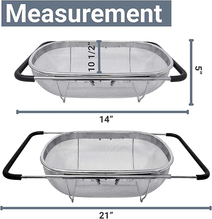 Makerstep Over the Sink Colander Strainer Basket Stainless Steel, For Kitchen Sink with Rubber Grip, Fine Mesh, Large Kitchen Gadgets Tools, Expandable Home Kitchen Essentials