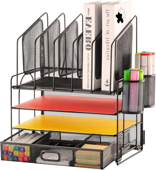 Marbrasse Mesh Desk Organizer, Office Desk Organizers and Accessories, Desktop File Organizer with Drawer and 2 Pen Holders, Desk Storage for Office, School, Home