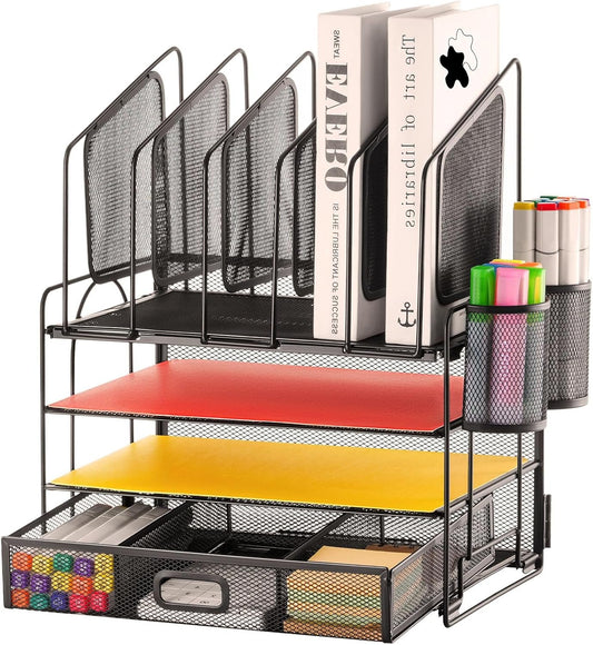 Marbrasse Mesh Desk Organizer, Office Desk Organizers and Accessories, Desktop File Organizer with Drawer and 2 Pen Holders, Desk Storage for Office, School, Home