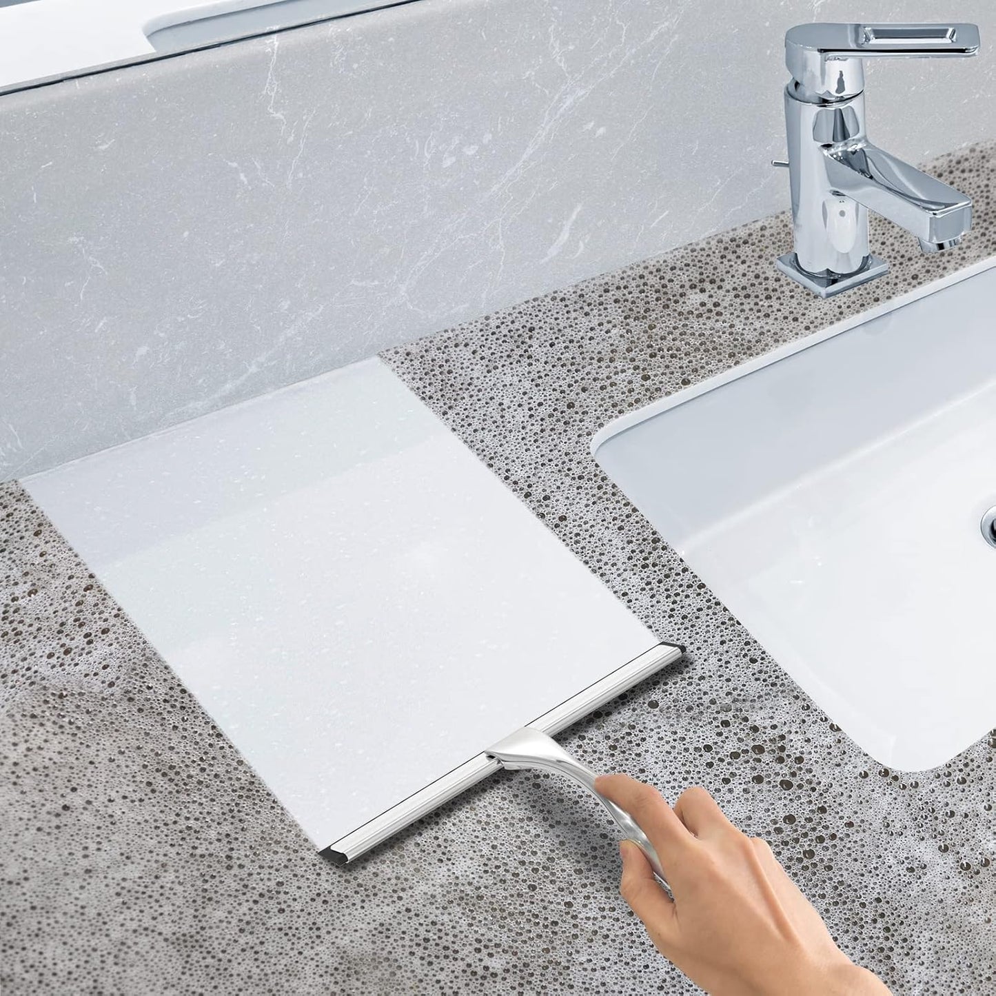 All-Purpose Stainless Steel Shower Squeegee for Shower Glass Door with 2 Adhesive Hooks, Bathroom Cleaner Tool Household Window Mirror Squeegee, Cleaning Tile Wall, Car, 10 Inch Silver