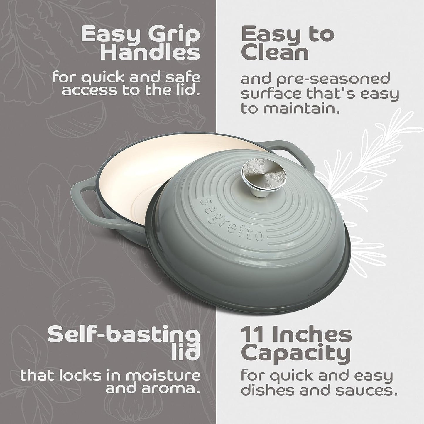 Segretto Cookware Enameled Cast Iron Bread Pan with Lid, 11” Grigio Scuro (Gray) Bread Oven Cast Iron Sourdough Baking Pan, Dutch Oven for Bread