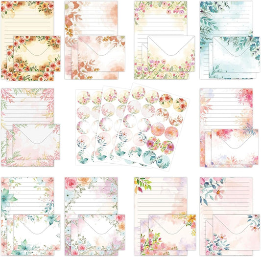 RAORAOYUE 160PCS Stationary Paper and Envelopes Set, 10 Different Style Floral Themed Writing Paper Stationery Set (50 Stationery Paper + 50 envelopes+60 Sticker)