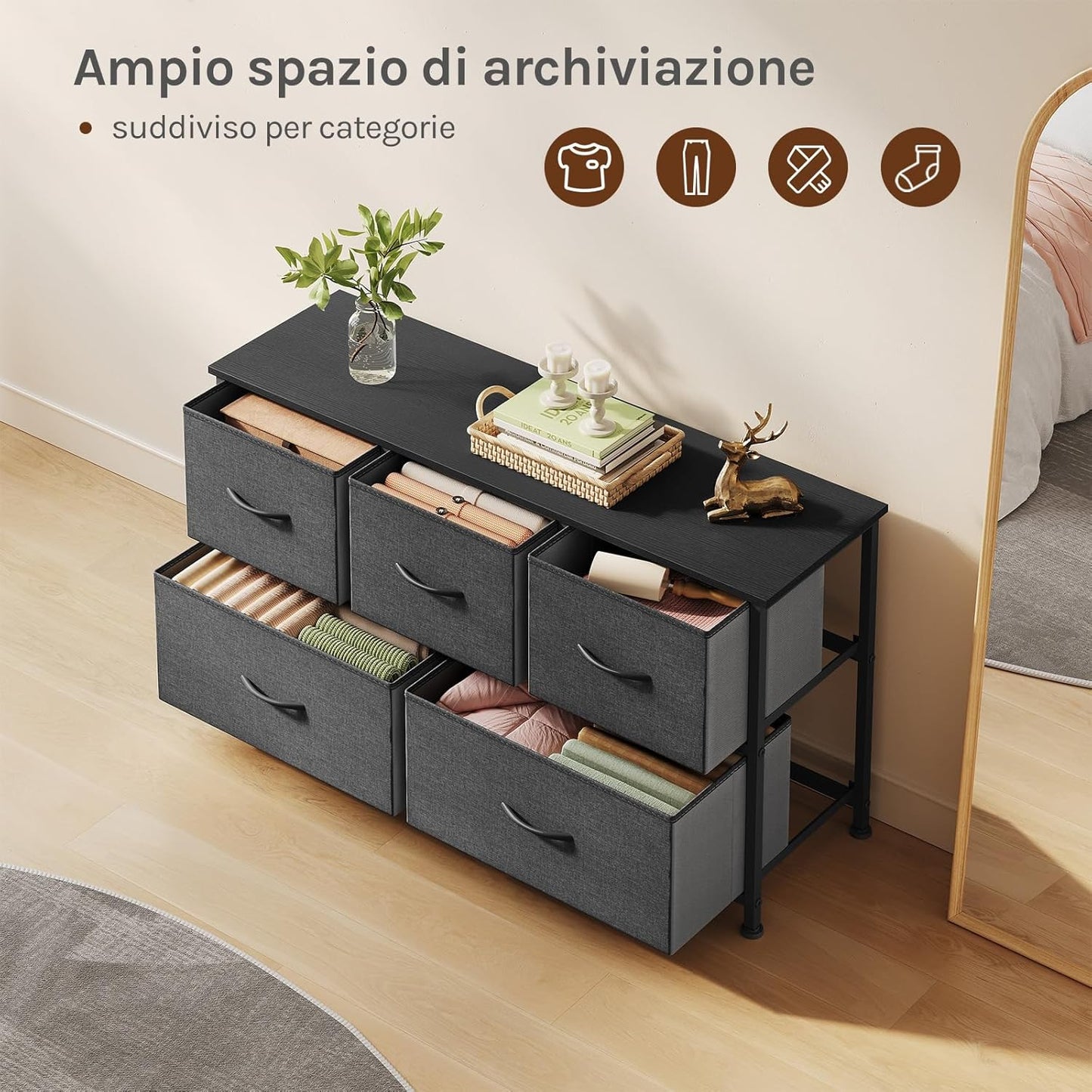 WOLTU Bedroom Chest of Drawers with 5 Drawers with 2 Tiers in Fabric, Industrial Cabinet, Metal and Wood Frame, Wood Effect, Black+Dark Grey, 100 x 30 x 54 cm