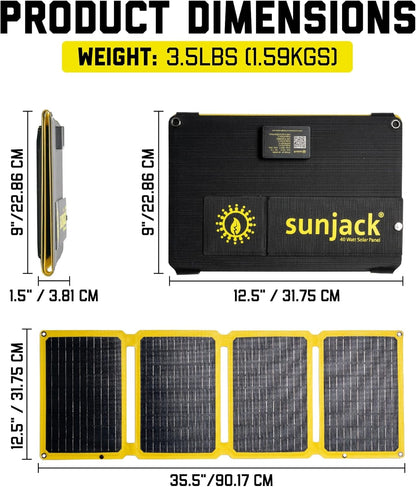 SunJack 40W Folding Portable Solar Panel Charger with Kickstands, IP67 Waterproof ETFE and DC/USB-A QC3.0 / USB-C PD30 for Cell Phone, Laptop, Power Station, Backpacking, Camping, Hiking, Emergency