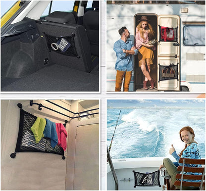 2 Pack Small Cargo Net Pocket Storage Mesh Net Elastic Automotive Cargo Nets Storage Pouch for Car Trunk Net, RV, Boat Storage Mesh Pocket Net with 8 Mounting Screws and Hooks (18 x 9.8 Inches)