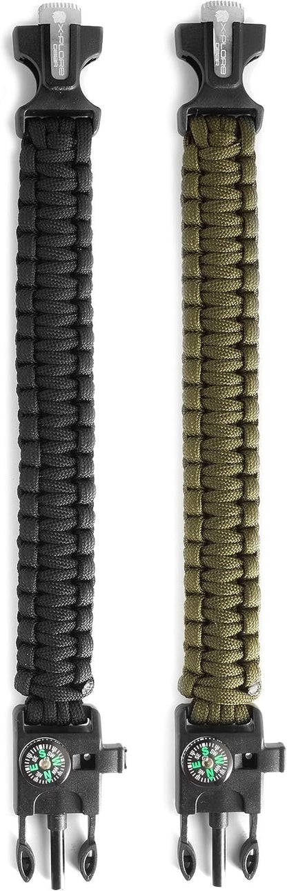 X-Plore Gear Emergency Paracord Bracelets | Set Of 2| The ULTIMATE Tactical Survival Gear| Flint Fire Starter, Whistle, Compass & Scraper/Knife| BEST Wilderness Survival-Kit For Camping/Fishing & More