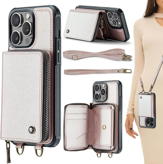 ELEPIK for iPhone 15 Pro Max Case, iPhone 15 Pro Max Crossbody Wallet Case with RFID Blocking Card Holder, Wrist Strap Purse Cover Women, Durable PU Leather Phone Case, Fashion Pink