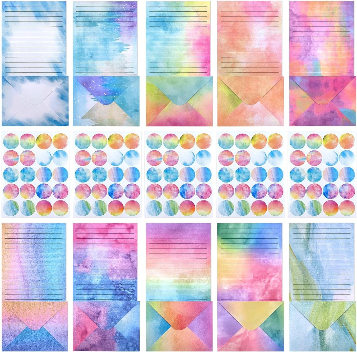 Swpeet 200Pcs 10 Designs Watercolor Stationery Set, Including 50pcs Watercolor Lined Stationery Paper, 50pcs Envelopes and 100 Stickers Ideal for Writing Poems Lyrics Wedding Invitations