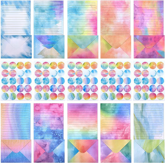 Swpeet 200Pcs 10 Designs Watercolor Stationery Set, Including 50pcs Watercolor Lined Stationery Paper, 50pcs Envelopes and 100 Stickers Ideal for Writing Poems Lyrics Wedding Invitations