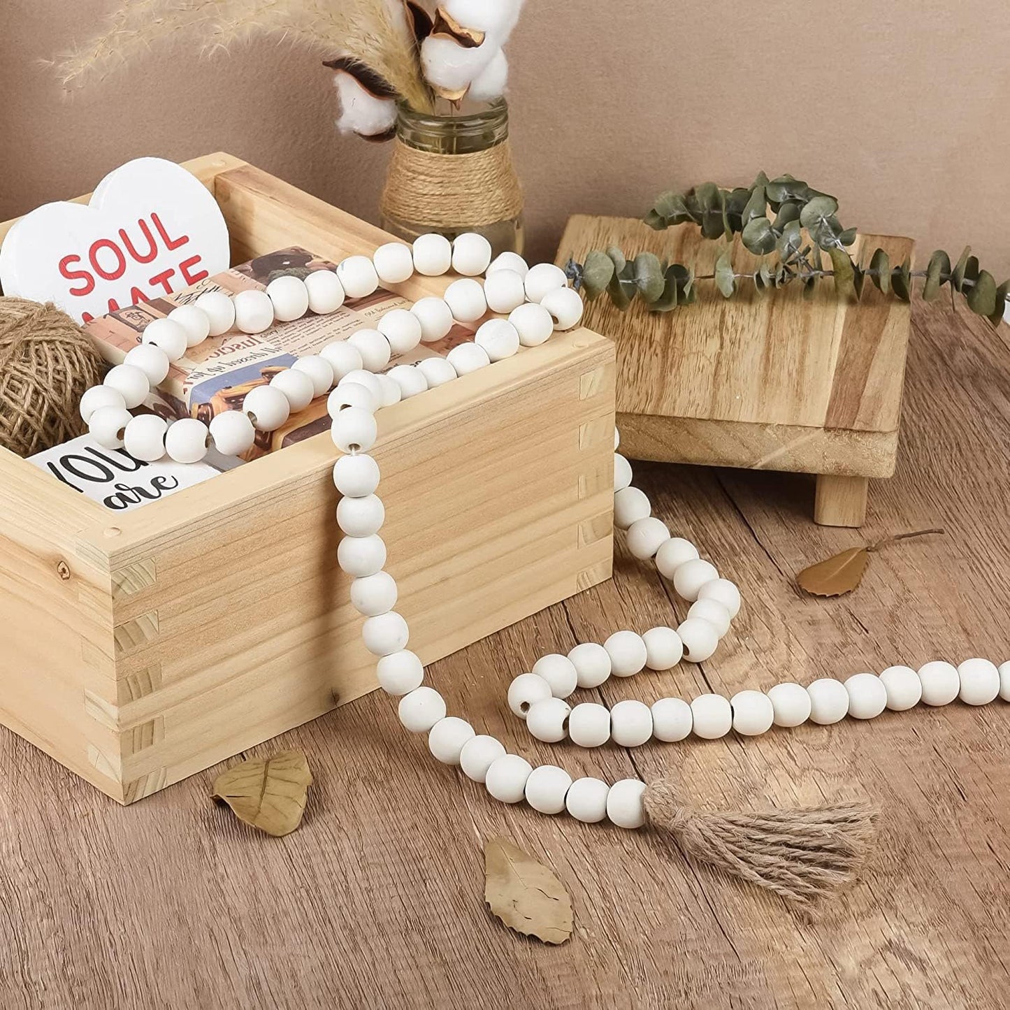 NAGUA 58” Wood Bead Garland Wall Hanging Decor Coffee Table Decor Farmhouse Beads Home Decor for Living Room, Shelf, Tiered Tray, Rustic Boho Decor Wall Hanging Accent
