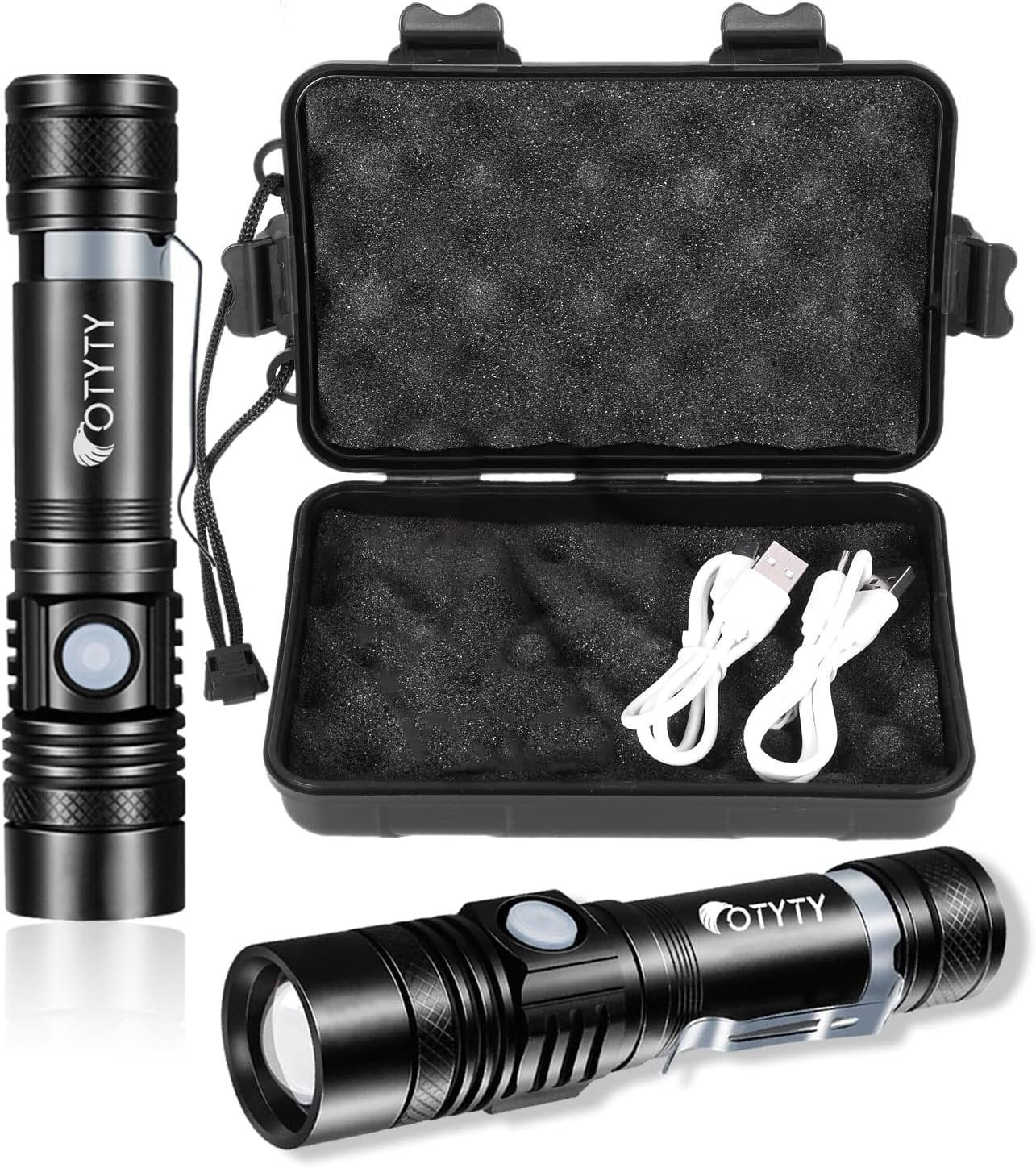 OTYTY USB Rechargeable LED Flashlight, Super Bright High Powered 1000 Lumen Tactical Flashlights Torch with 3 Modes, Battery for Camping Hiking (2 Pack)