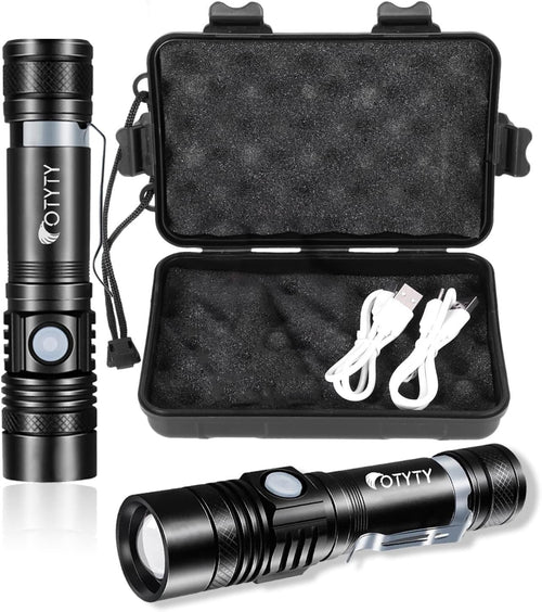 OTYTY USB Rechargeable LED Flashlight, Super Bright High Powered 1000 Lumen Tactical Flashlights Torch with 3 Modes, Battery for Camping Hiking (2 Pack)