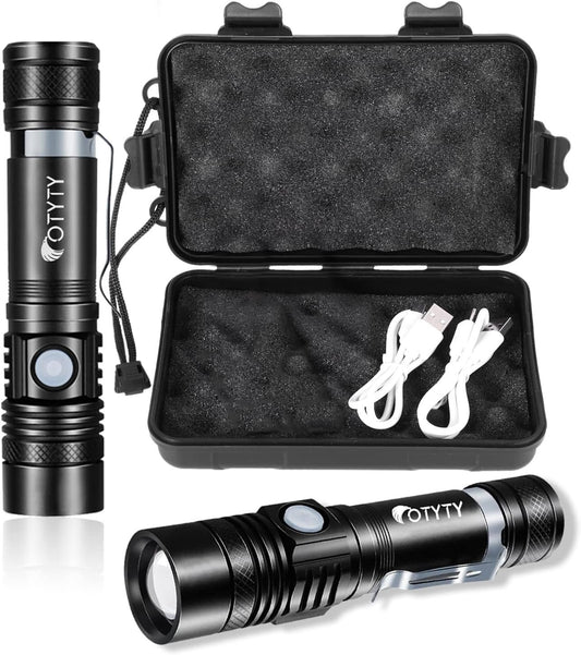 OTYTY USB Rechargeable LED Flashlight, Super Bright High Powered 1000 Lumen Tactical Flashlights Torch with 3 Modes, Battery for Camping Hiking (2 Pack)