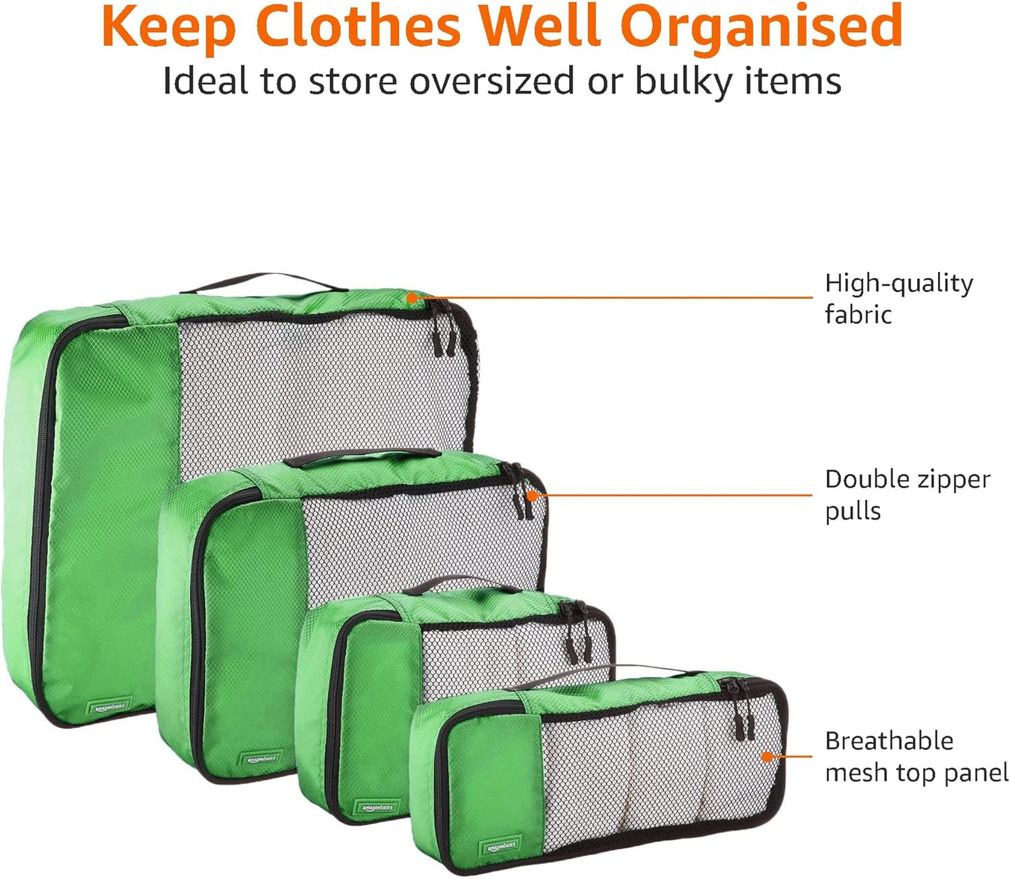 Amazon Basics ZH1509009 Set of 4 Hinged Organizers Cubes, Green, Small, Medium, Large, Slim, green, Set of 4 packing cubes: small, medium, large and thin