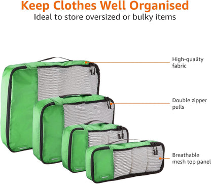 Amazon Basics ZH1509009 Set of 4 Hinged Organizers Cubes, Green, Small, Medium, Large, Slim, green, Set of 4 packing cubes: small, medium, large and thin