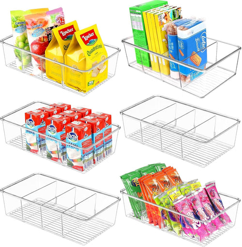 6 Pack Food Storage Organizer Bins Clear Plastic Removable Snack Organizer Pantry Organization Storage Racks with 3 Dividers, Kitchen, Cabinets Snacks, Packets, Spices, Pouches Stackable Bins