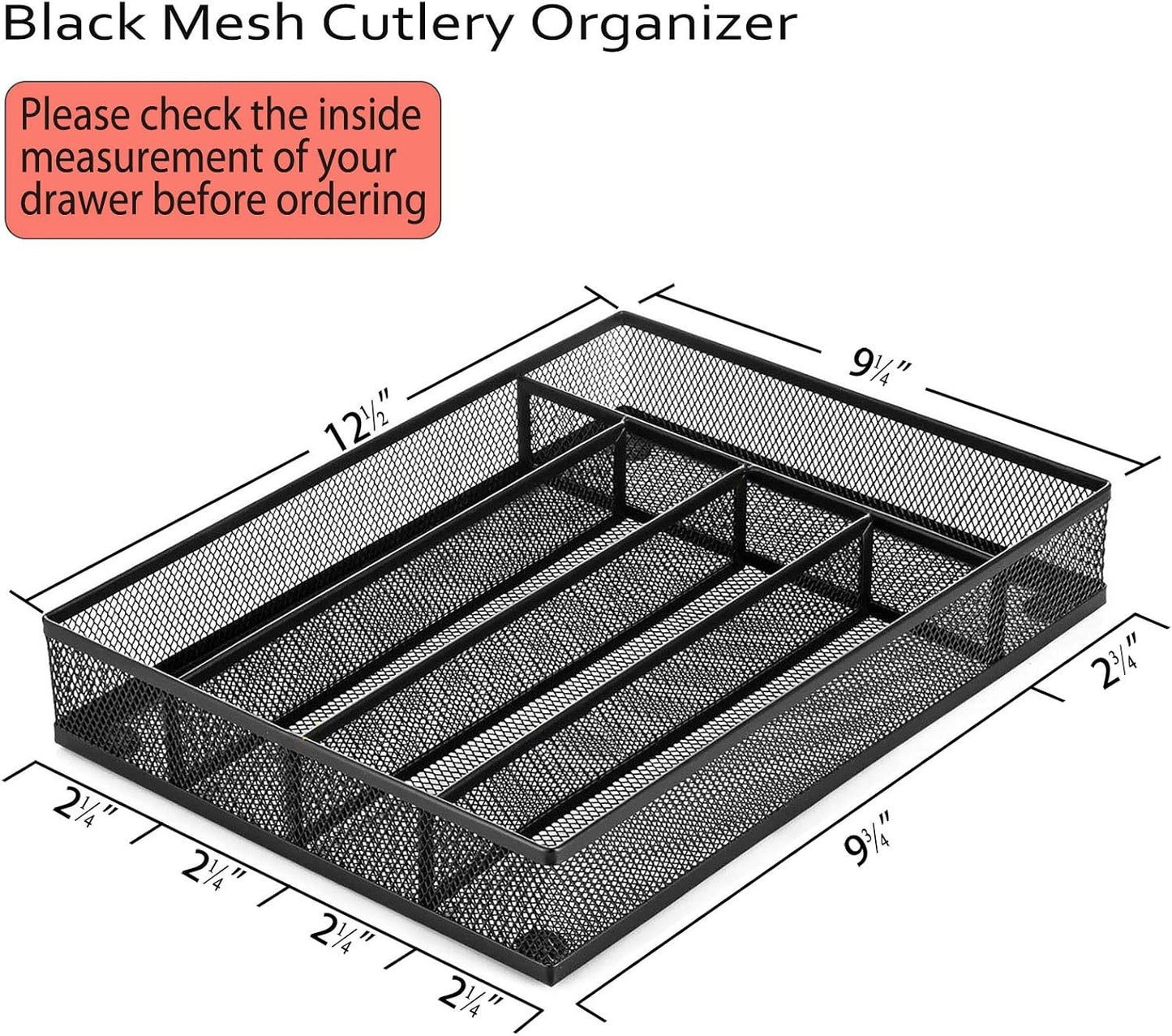 E-far Kitchen Drawer Organizer, Mesh Wire Utensil Tray Drawer Organizer, Black Narrow Metal Silverware Flatware Cutlery Holder/Divider with Foam Feet, 5 Compartment & Small Size - 12.5 x 9.25-Inch