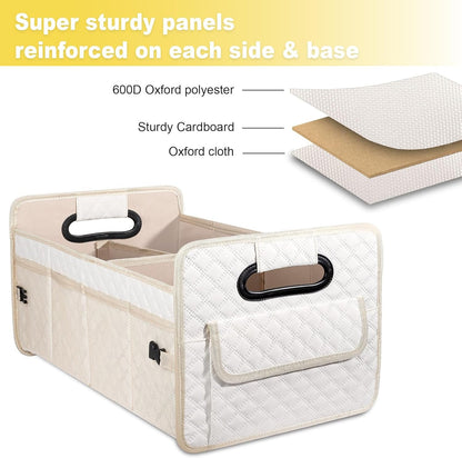 JiatuA Car Trunk Organizer for SUV, Car Storage Organizer Collapsible Multi Compartment Container Box Adjustable Car Accessories for Women Men, Beige