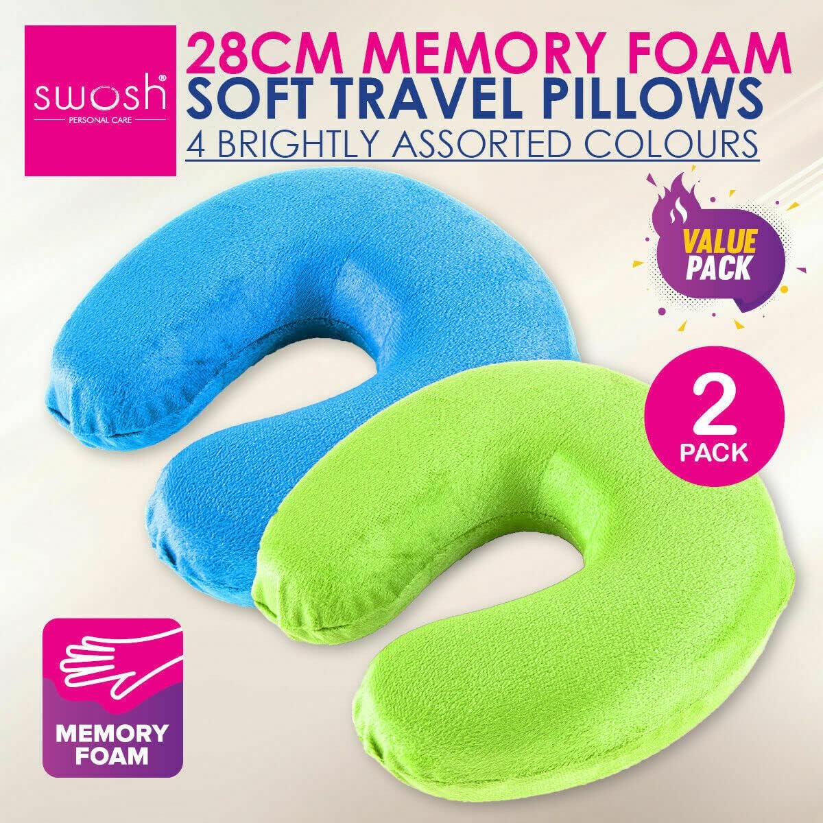 [2PCS] Swosh Travel in Comfort with 2 Pcs Memory Foam Neck Pillow, 28 x 28 x 10cm - Removable Cover, Comfortable, Blue and Green