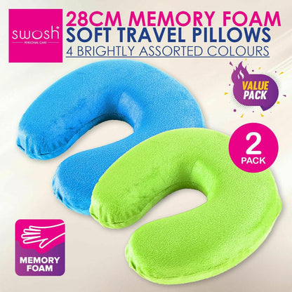 [2PCS] Swosh Travel in Comfort with 2 Pcs Memory Foam Neck Pillow, 28 x 28 x 10cm - Removable Cover, Comfortable, Blue and Green