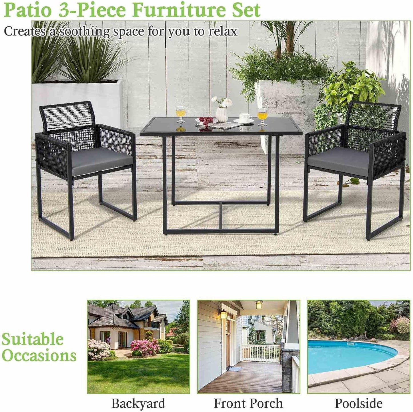 Costway 3 Pieces Outdoor Dining Set, Patio PE Rattan Furniture Set w/Folding Backrest, Cozy Seat Cushions, Tempered Glass Tabletop, Space-Saving Rattan Chair Table Set for Backyard, Poolside
