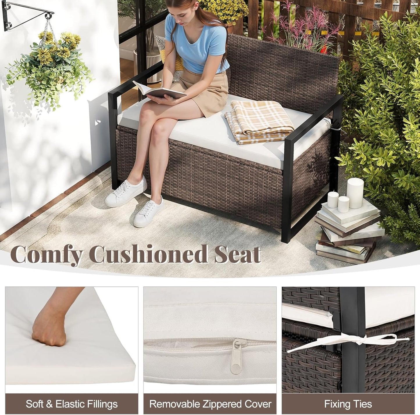 Tangkula 40 Gallon Outdoor Bench with Storage, Patio Wicker Storage Bench with Cushion, Cover, Metal Frame, Deck Box Seat for Backyard, Poolside, Balcony, Garden (Brown)