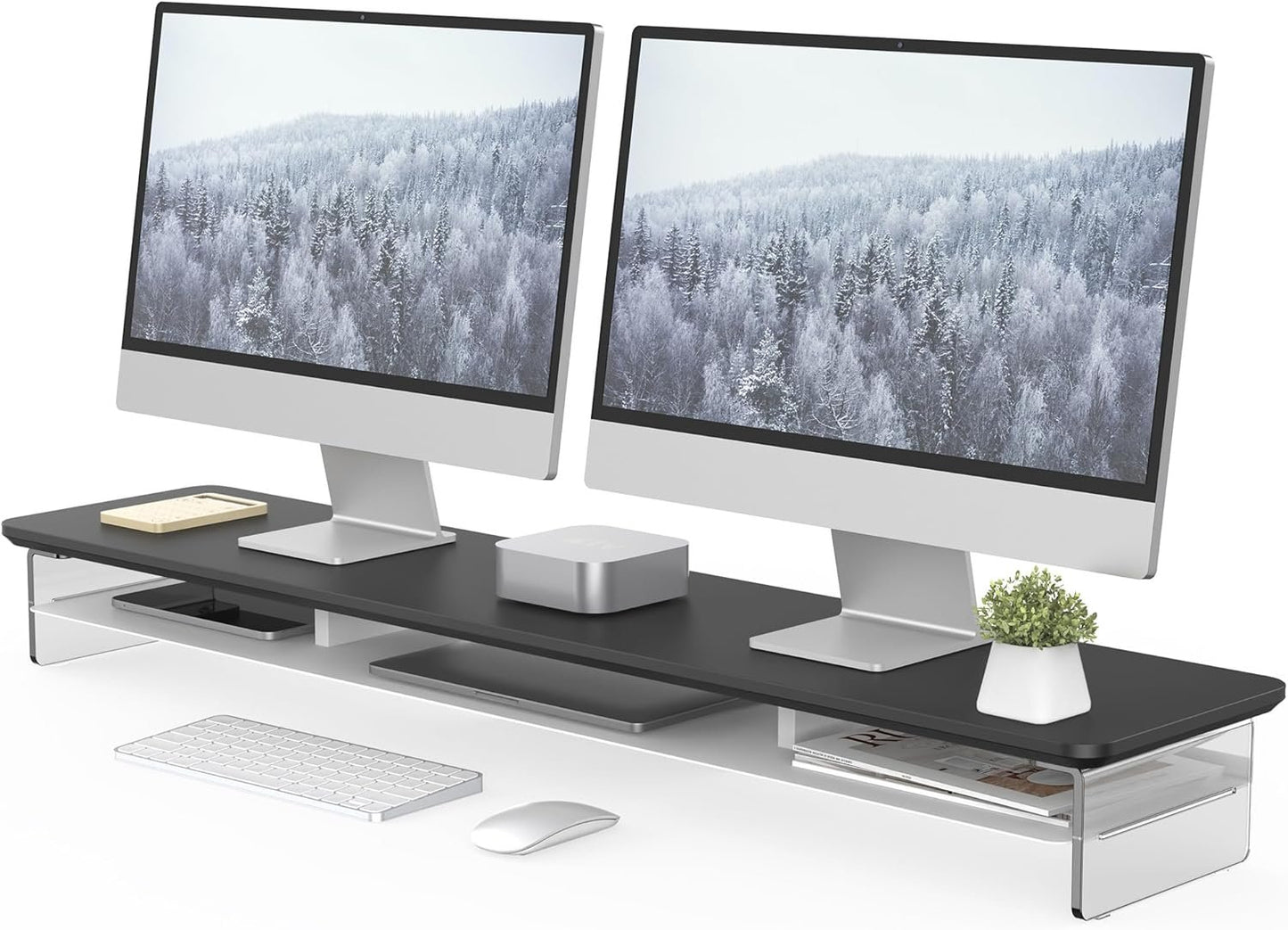 FENGE 2-Tier Acrylic Dual Monitor Stand Riser,42.5 Inch Acrylic Monitor Stand with Storage Organizer for Home, Office and Business ,BLACK