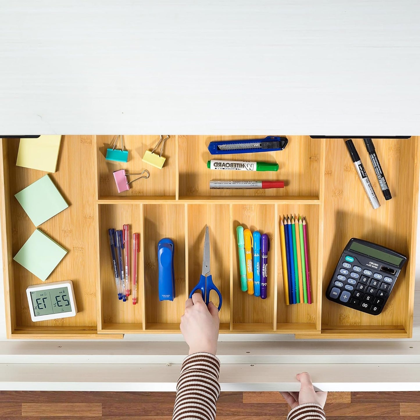 VaeFae Extra Large Bamboo Cutlery Drawer Organizer, Expandable Kitchen Utensil Organizer with Knife Block, Multifunctional Wooden Drawer Divider
