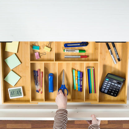 VaeFae Extra Large Bamboo Cutlery Drawer Organizer, Expandable Kitchen Utensil Organizer with Knife Block, Multifunctional Wooden Drawer Divider