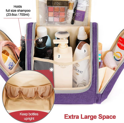 COOSKY Extra Large Hanging Travel Toiletry Bag for Women and Men, Hygiene Bag, Bathroom and Shower Organizer Kit with Elastic Band Holders for Toiletries, Cosmetics, Makeup, Brushes, Purple, Extra Large