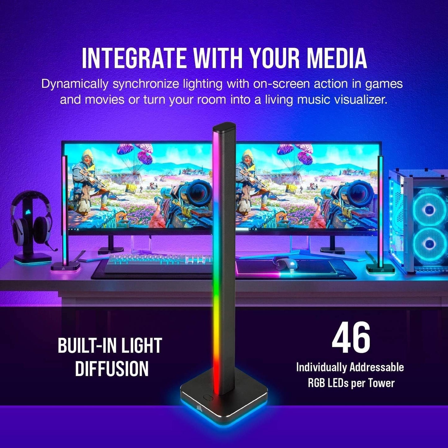 Corsair iCUE LT100 Smart Lighting Towers Starter Kit (Two 422 mm-Tall Towers with 46 Customizable LEDs Each, 11 Preset Lighting Profiles, Built-in Light Diffusion, Removable Headset Holder) Black