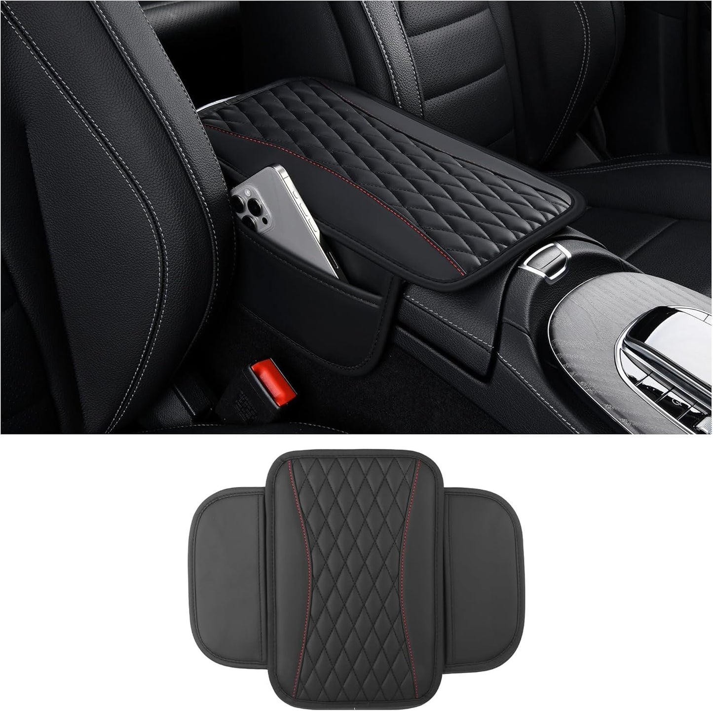 Upgraded Car Armrest Cover, Microfibre Leather Car Armrest Cover with 2 Storage Pockets, Car Arm Rest Cover for Car Accessories Interior for Vehicles (Black)