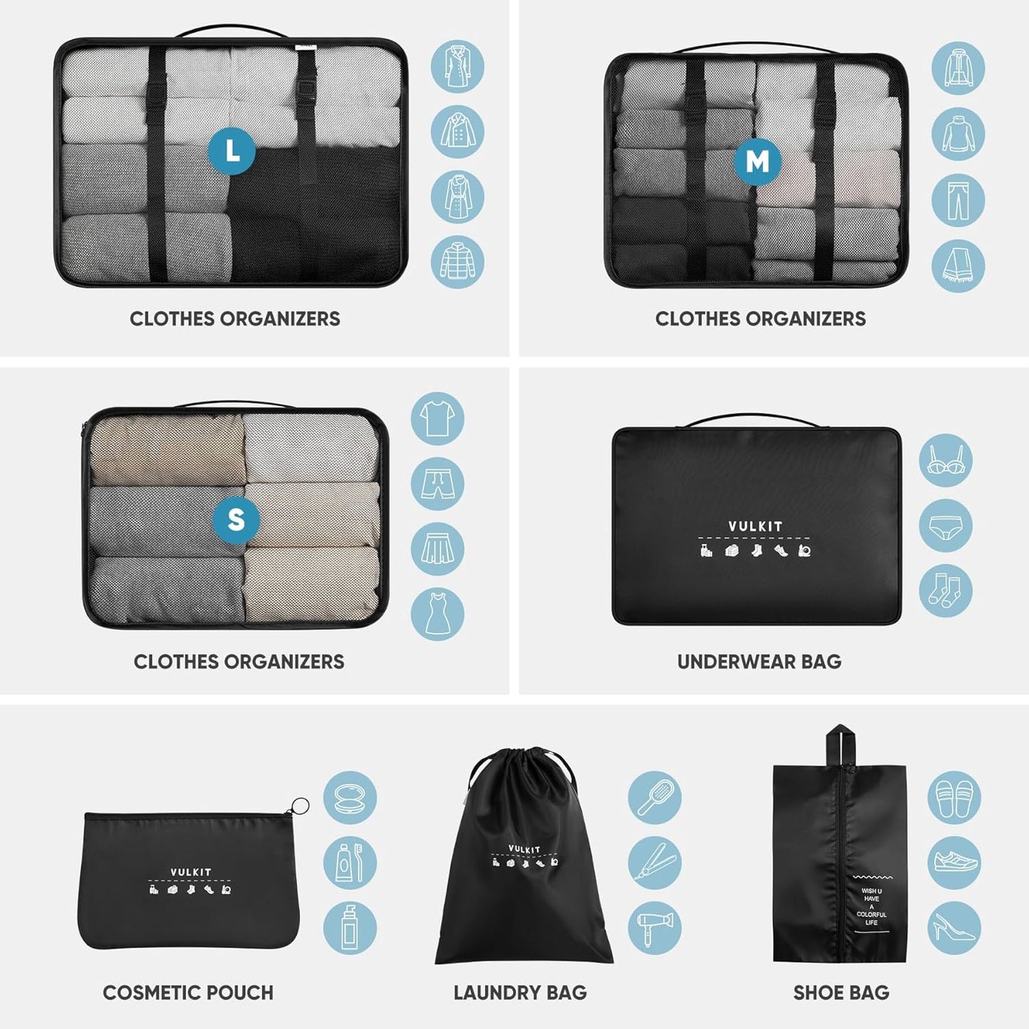 VULKIT Packing Cubes 7 Pieces Set Travel Packing Organizers for Luggage & Moving, Travel Accessories for Multi-use, Travel Essentials, Black