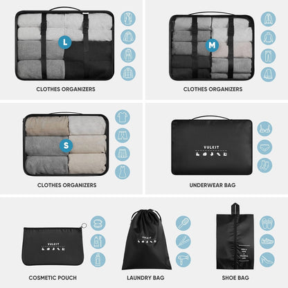 VULKIT Packing Cubes 7 Pieces Set Travel Packing Organizers for Luggage & Moving, Travel Accessories for Multi-use, Travel Essentials, Black