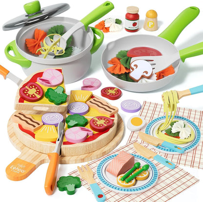 Lehoo Castle Wooden Play Food Kitchen Toys, Play Kitchen Accessories with Pot & Pan, Pizza Pasta Pretend Play Toy Food, Educational Learning Toy Gift for Toddlers 3+